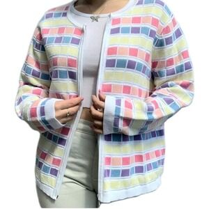 Talbots ColorBlock Patchwork Colorful Spring Cardigan Sweater Zip Boxy Size Sm